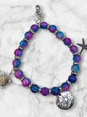 Sea Glass Style Purple & Teal Beaded Charm Bracelet